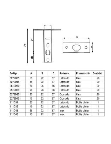 CERRADURA PICAP.TUBULAR 45MM. LATON. EHL