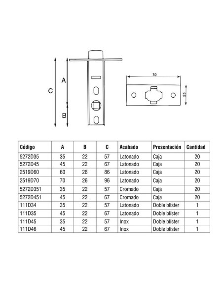 CERRADURA PICAP.TUBULAR 45MM. LATON. EHL